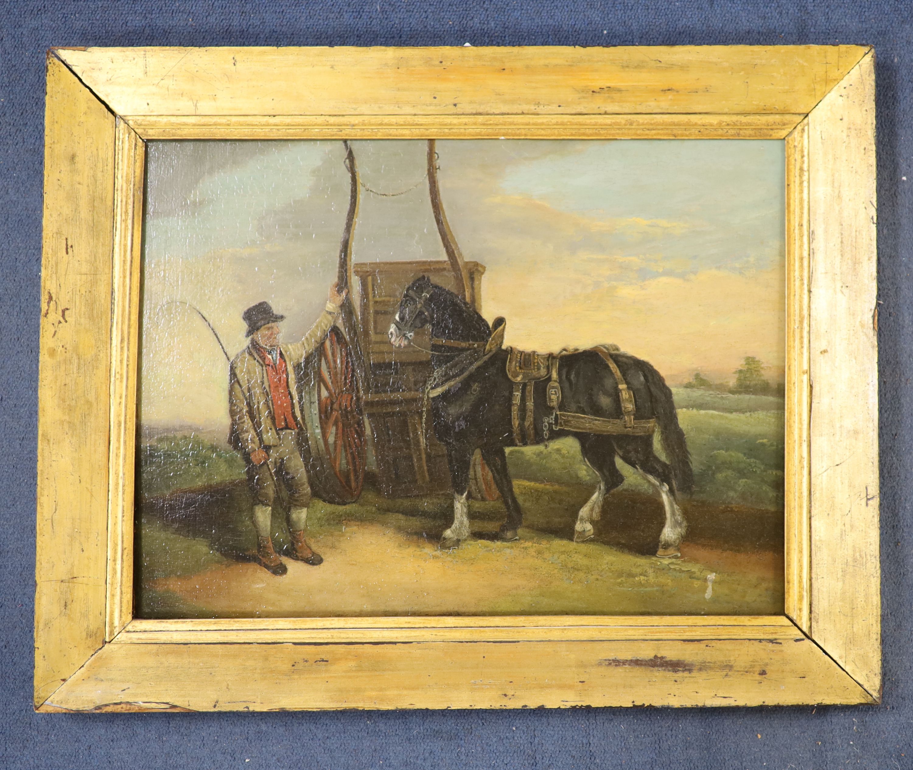 19th century English School, oil on panel, Carter and horse, 36 x 49cm